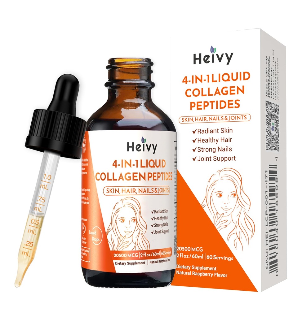 Heivy Liquid Collagen for Women, Liquid Biotin & Collagen for Radiant Skin, Hair Growth, Strong Nails, Joint Support, 20500 mcg 4-i-1 Collagen Drops, Advanced Absorption, Raspberry Flavor-2 FL OZ