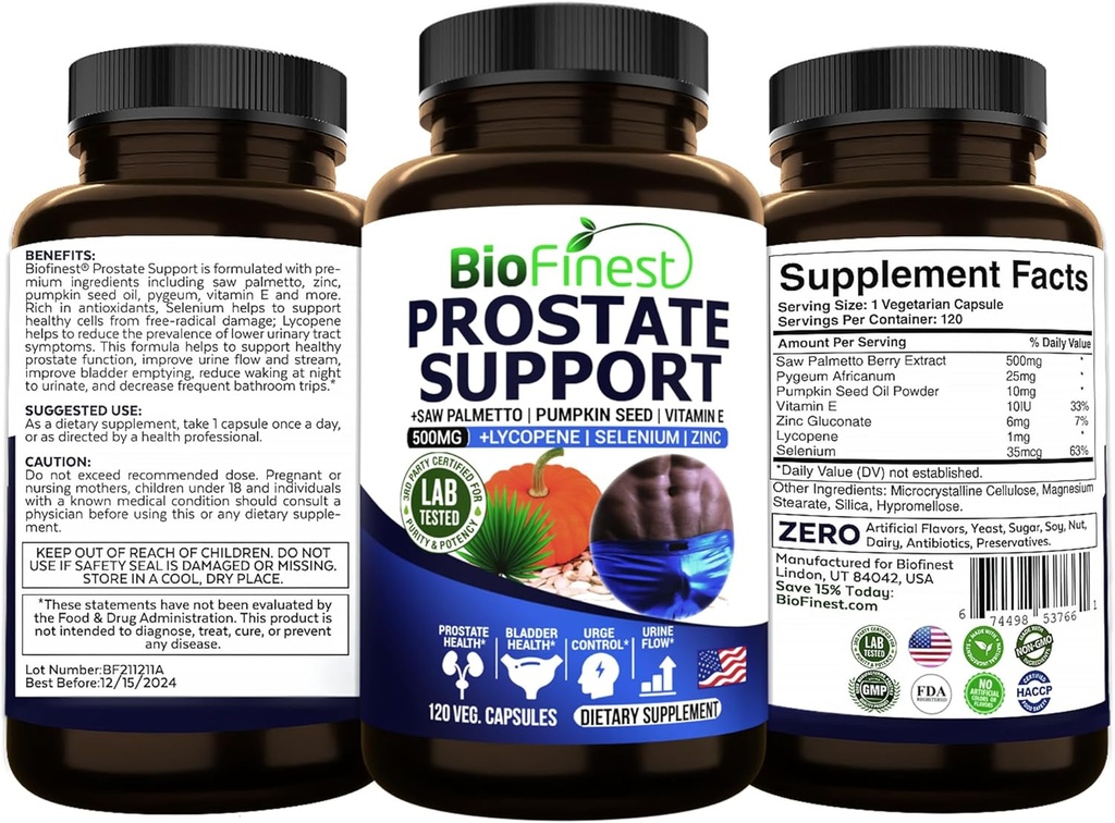 BioFinest Prostate Support för män - Saw Palmetto Lycopene Pumpkin Seed Pygeum Zinc Selenium - Healthy Urine Flow Bladder Prostate Vitamin Supplement - Tillverkad i USA (120 Veg. Capsule)