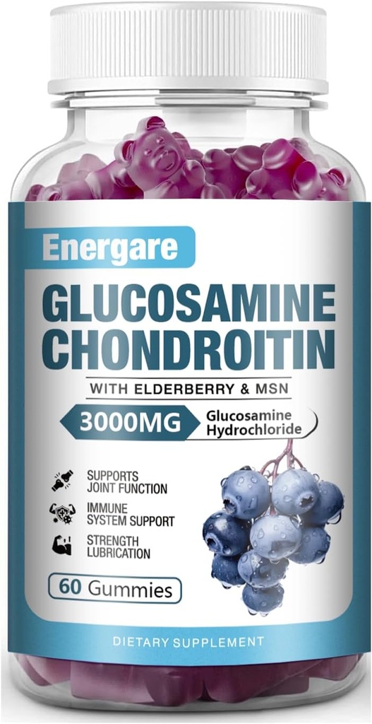1 Pack 3000mg Glukosamin Chondroitin med MSM Gummies & Elderberry, Extra Strength Joint Support Health, Flexibilitet, Antioxidant, Immun Supplement Gummy för vuxna, Män och kvinnor 60 grejer