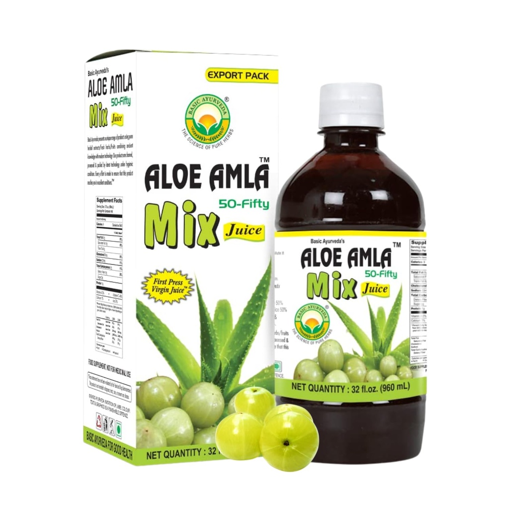 Grundläggande Ayurveda Aloe Amla Mix Juice | Blend of Aloe Vera & Amla Fruit | First Press Virgin Juice | Plant-Based Daily Drink | Vegan & Non-GMO | 32,46 Fl Oz (960ml)