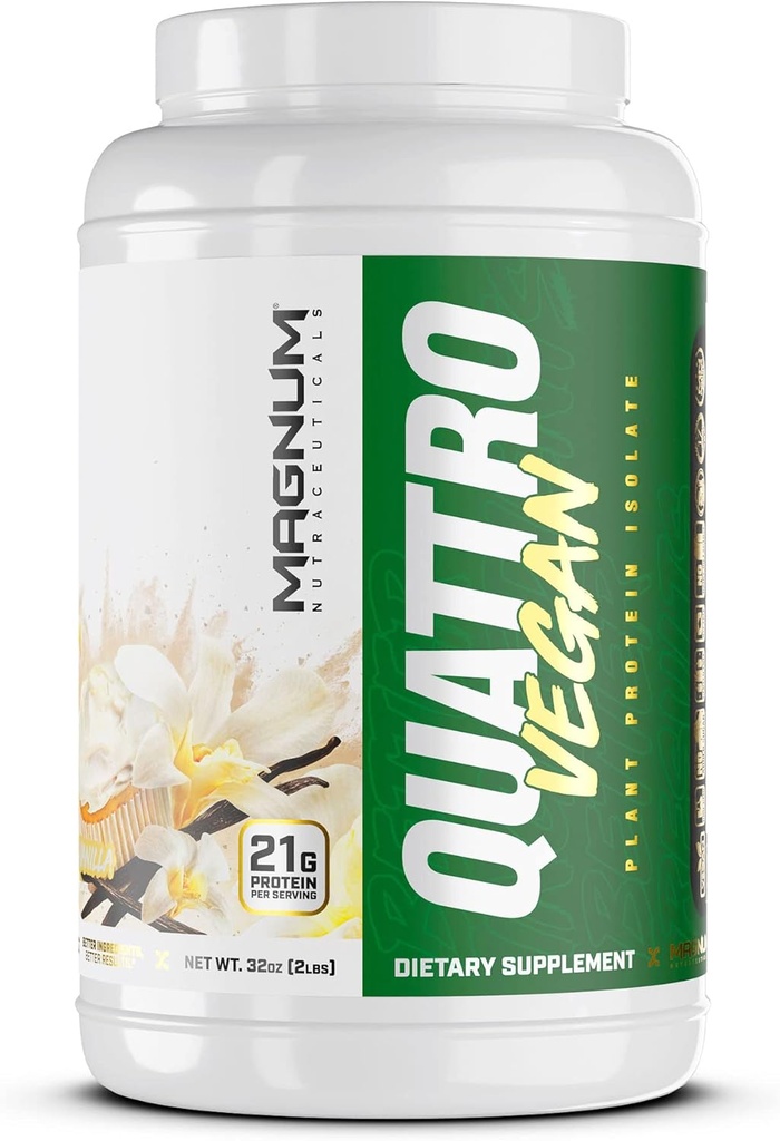 Magnum Nutraceuticals Quattro Vegan Protein Powder, Vanilla 2lb - Premium Plant-Based Protein Pulver Isolat för muskeltillväxt och återhämtning