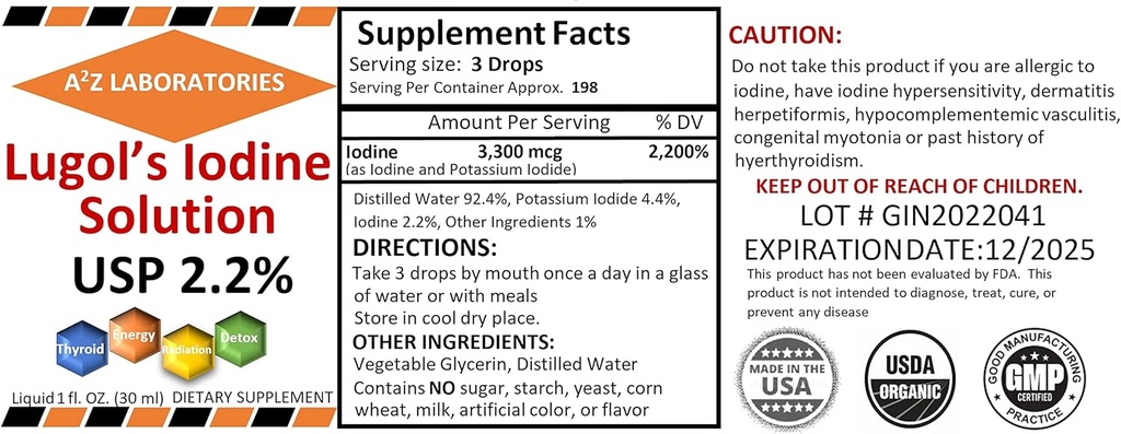 Generisk A2Z Organic Lugol's Iodine and Potassium Iodide 2.0% Lösning, 1 Fl Oz - Liquid Supplement Drops för Thyroid Support, Detox, Metabolism, Made in USA