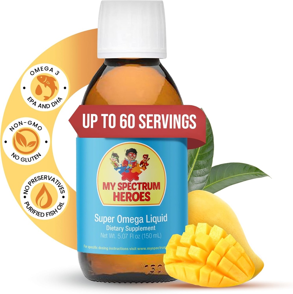 Min Spectrum Heroes Fish Oil Supplement för barn - Omega 3 för Neural Assistance, Inflammation & Immune Aid - EPA & DHA för hjärn- och ögonhälsa - Barn & Adult Liquid Supplement - 5.07oz (150ml)