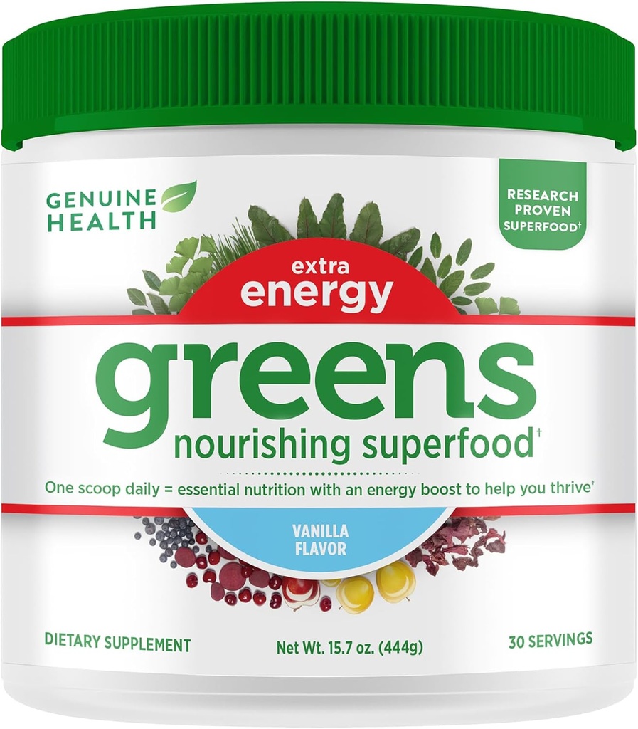 Genuine Health Greens + Extra Energy Superfood Powder, ger en omedelbar energiökning och stöder Gut Health, Vanilla Flavoured, 30 portioner