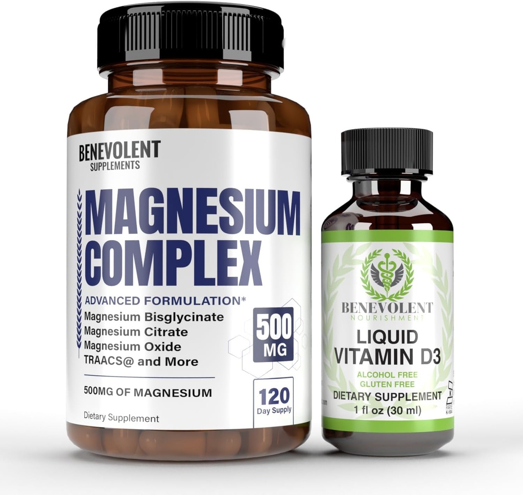 Magnesiumkomplex med 5 bästa formulär och flytande vitamin D3 5000 IE Bundle - 4 månaders leverans av 500mg Magnesium Glycinate, Oxide, Taurate, Chelate, Magnesium Citrate - Sleep & Immune Support