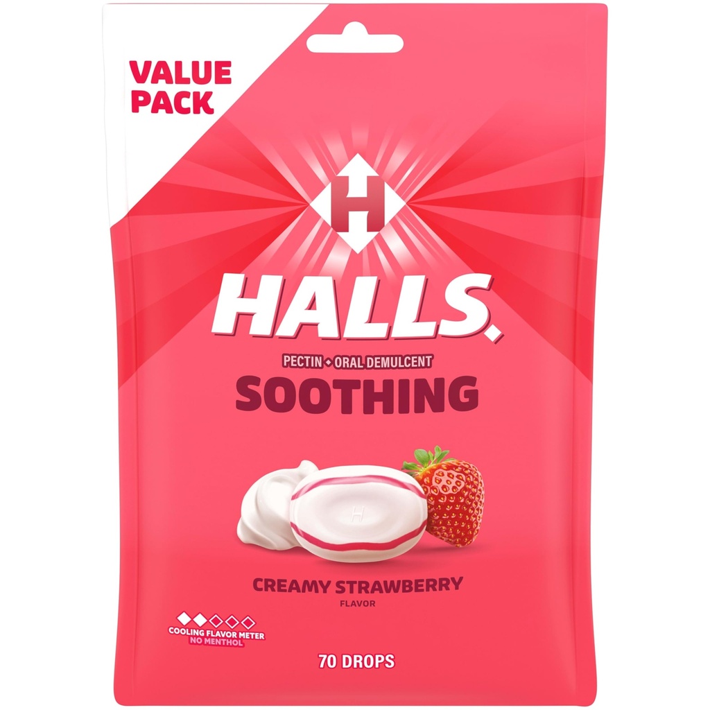 HALLS Throat Soothing (tidigare HALLS Breezers) Creamy Strawberry Throat Drops, Economy Pack, 70 Drops