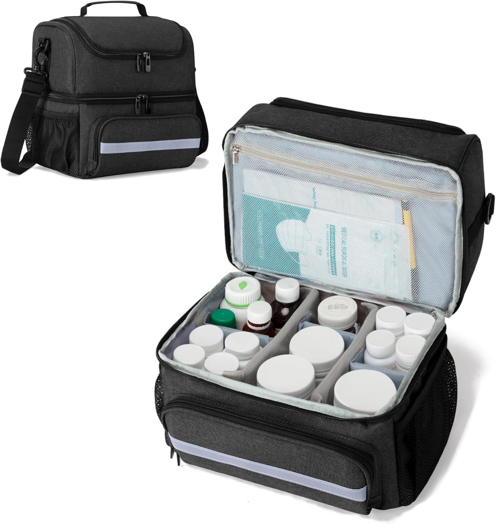 CURMIO Medicine Storage Bag, Double Layers Pill Bottle Organizer med inre Dividers för medicinering, vitaminer, receptbelagda flaskor, medicinska förnödenheter, svart (patentdesign)