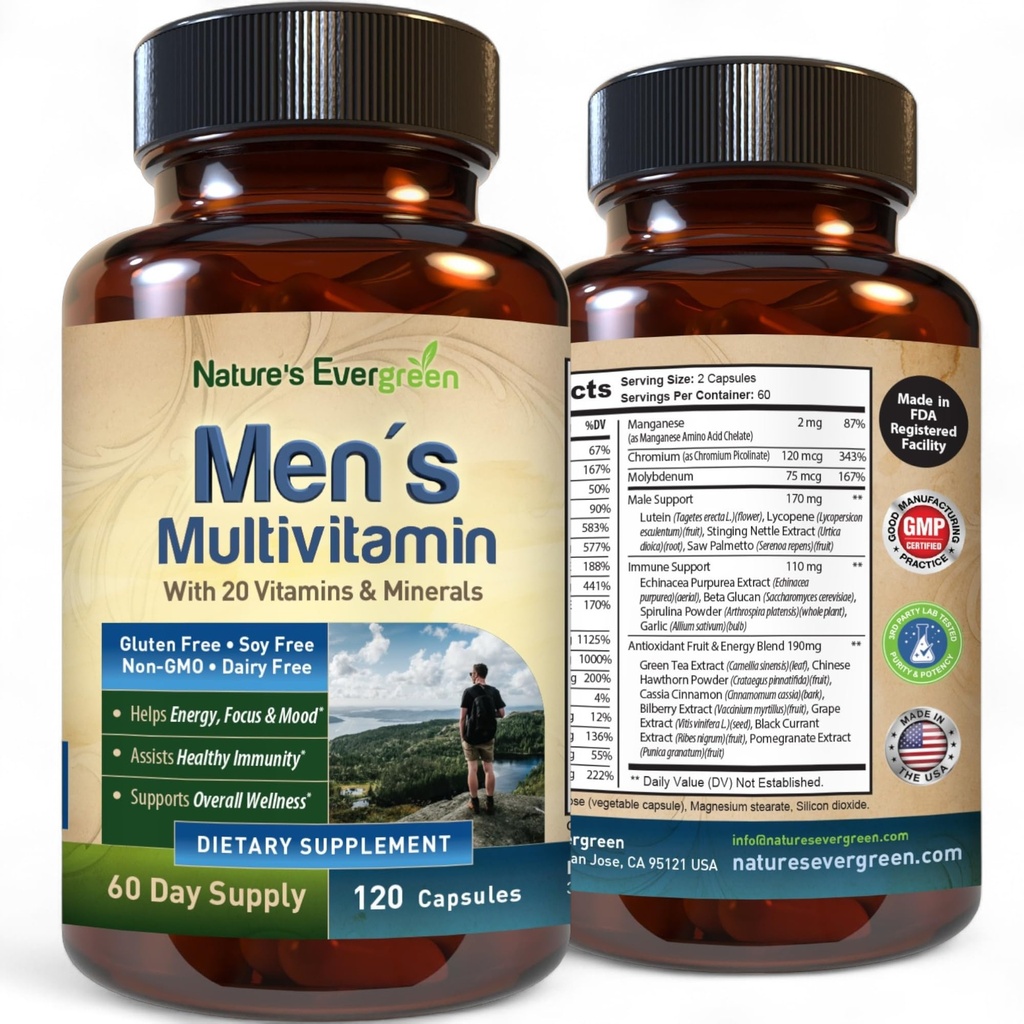 Bästa multivitamin för män | Helt Mäns multivitaminer och multimineraler med över 20 vitaminer A, C, D, E, B12, Zink & More Essential Vitaminer för Män | Energi, Fokus och immunhälsa. 120 kapslar