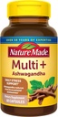 Nature Made Multi + Ashwagandha, Multivitamin for Women & Men for Daily Stress Relief Support, Multivitamin for Men & Women, One Per Day Mens & Womens Vitamins, 60 Capsules, Brown