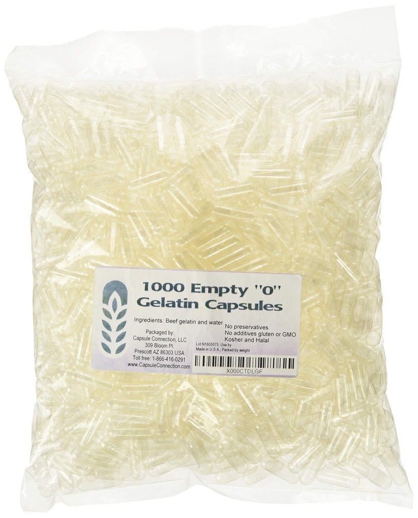 Capsule Connection 1000 Bulk "0" Empty Gelatin Capsules, USA-tillverkad, återförsäljbar väska