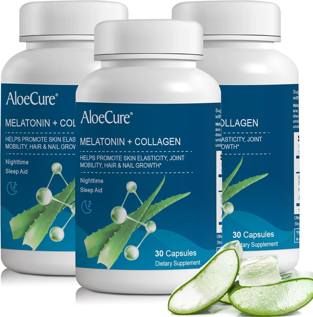 AloeCure Natural Melatonin + Kollagen med organisk Aloe Vera - Natursömntillskott för Restful Nights - Kollagenkomplex för gemensam styrka, hudelasticitet, hår och nageltillväxt, 30 kapslar