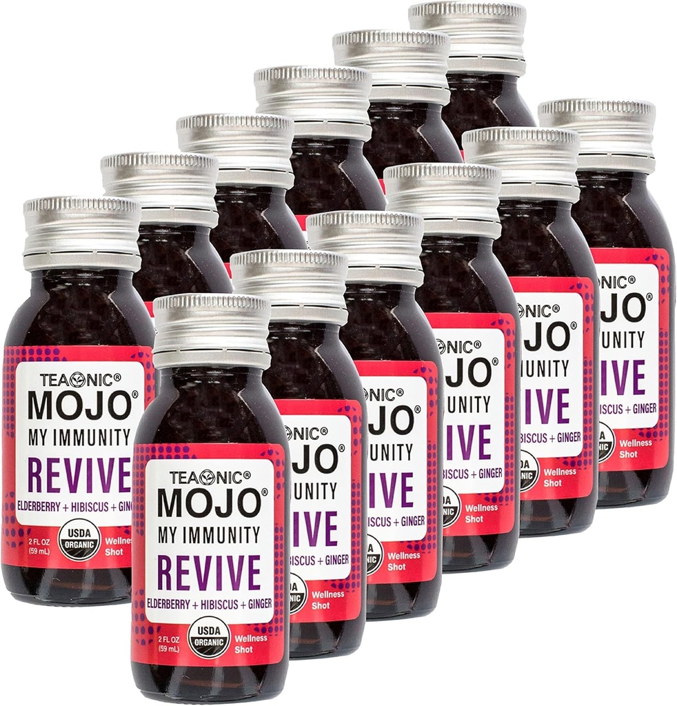 TEAONIC Min immunitet Mojo: Återuppliva, Herbal Juice, Herbal Supplement med Elderberry, Hibiscus och Ginger, USDA-Certified Organic, Vegan, Gluten-Free, 12 Packs, 2 Fl. Oz Varje