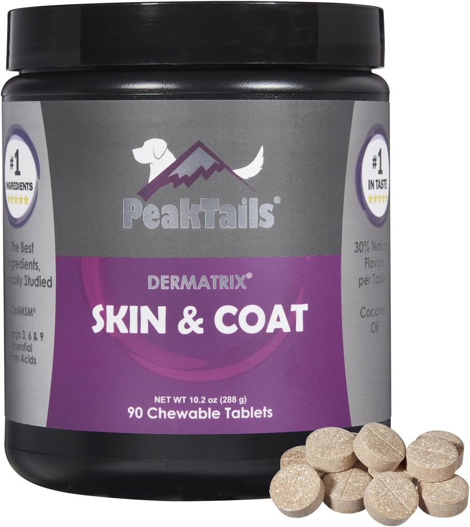 Kala Health PeakTails Skin & Coat Support för hundar - 90 Tabletter med MSM, Fish Oil, Omega-3 & Omega-6 - Stöder Hälsosam hud, Shiny Coat