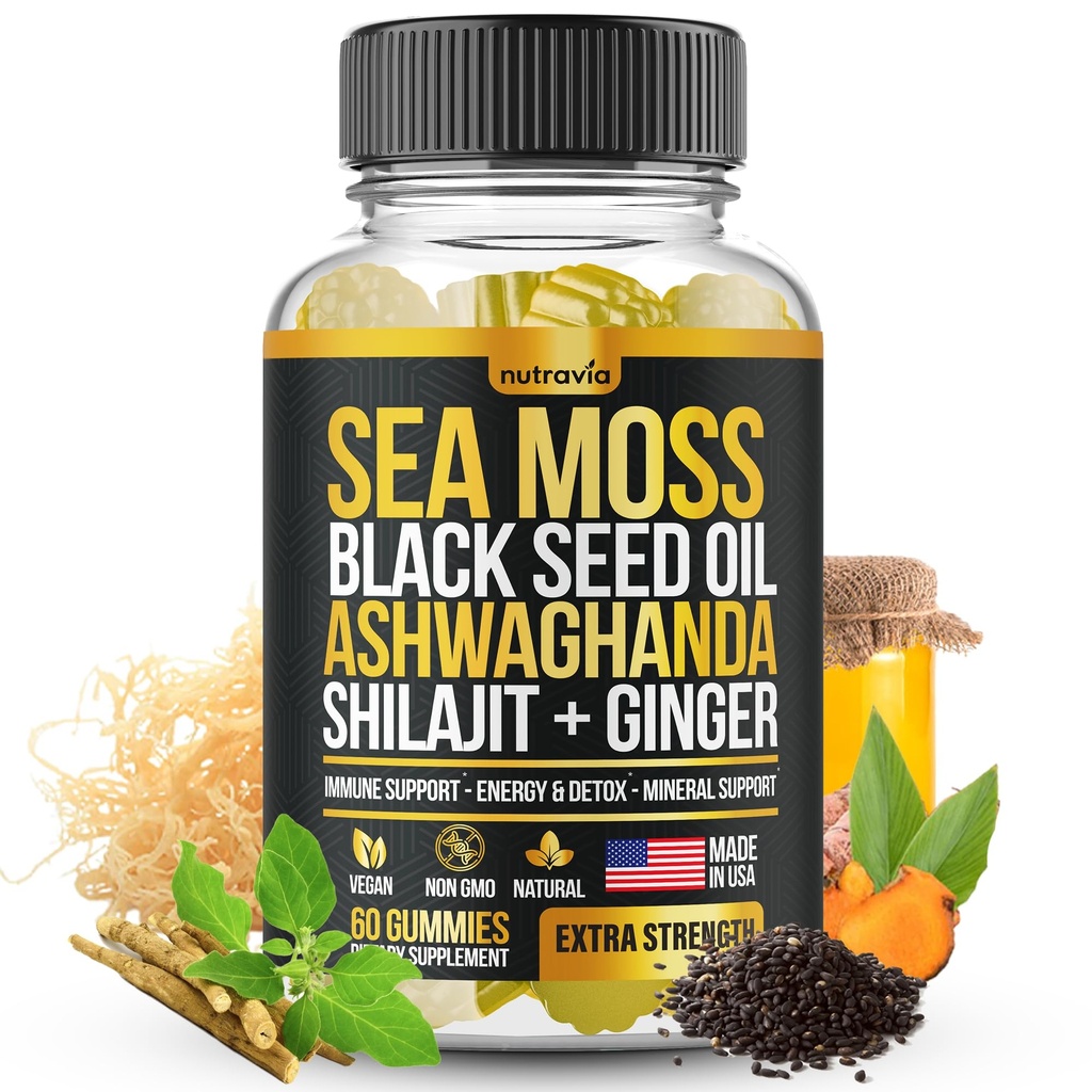 Sea Moss, Black Seed Oil, Ashwagandha, Ginger, Shilajit Gummies med Elderberry, Chlorophyll, Turmeric Bladderwrack Sea Moss Gummies Advanced Strength Formel - Allt i 1 Bundle - USA Made (60 Gummies)