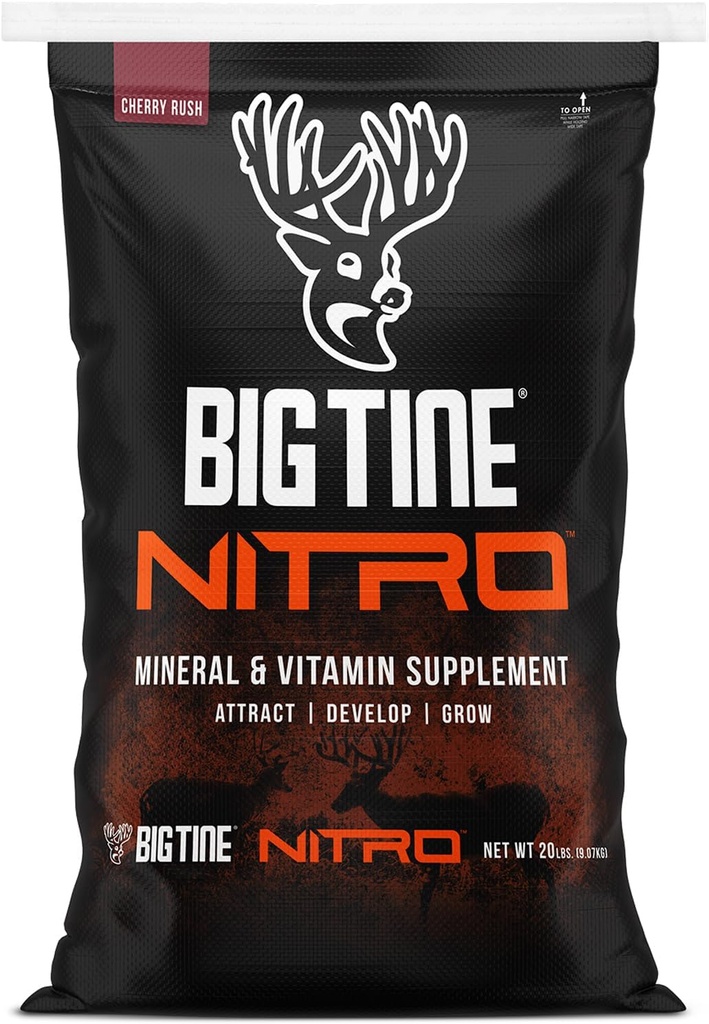 Big Tine Nitro, Deer Supplement, 20 lbs Bag, Cherry Rush Scent, kraftfull och långvarig doft, hög biotillgänglighet, packad med vitaminer och mineraler