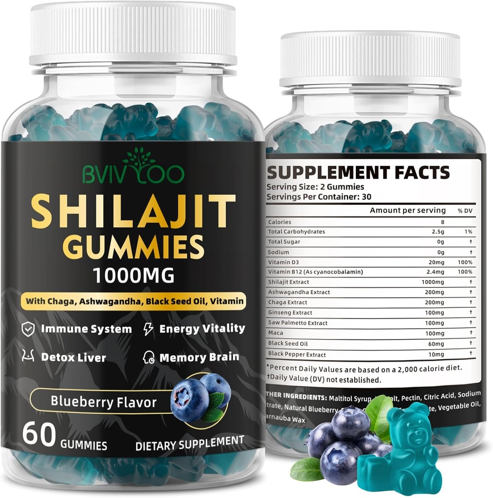 Shilajit Gummies for Men & Women - Sugar-Free Shilajit Supplement Rich i 85+ Trace Minerals & Fulvic Acid, Tillhandahållande av energi, hjärna och immunitetsstöd - 60 Gummies
