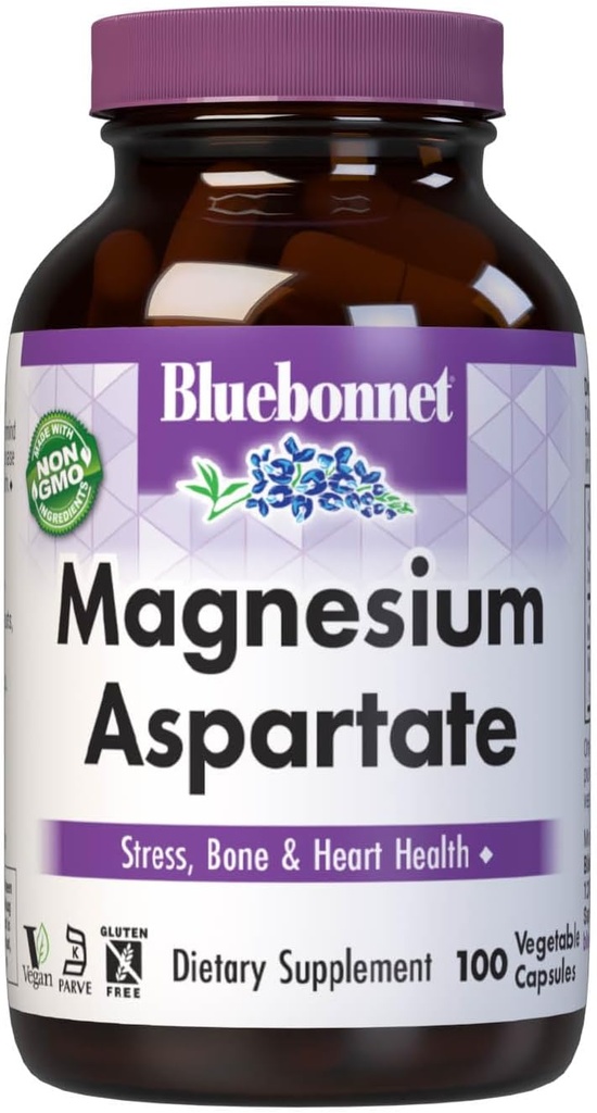 Bluebonnet Nutrition Magnesium Aspartate, Stress Relief*, Bone Health *, Heart Health *, Non-GMO, Vegan, Kosher Certified, Gluten-Free, Soy-Free, Dairy-Free, 100 Vegetable Capsules, 50 portioner