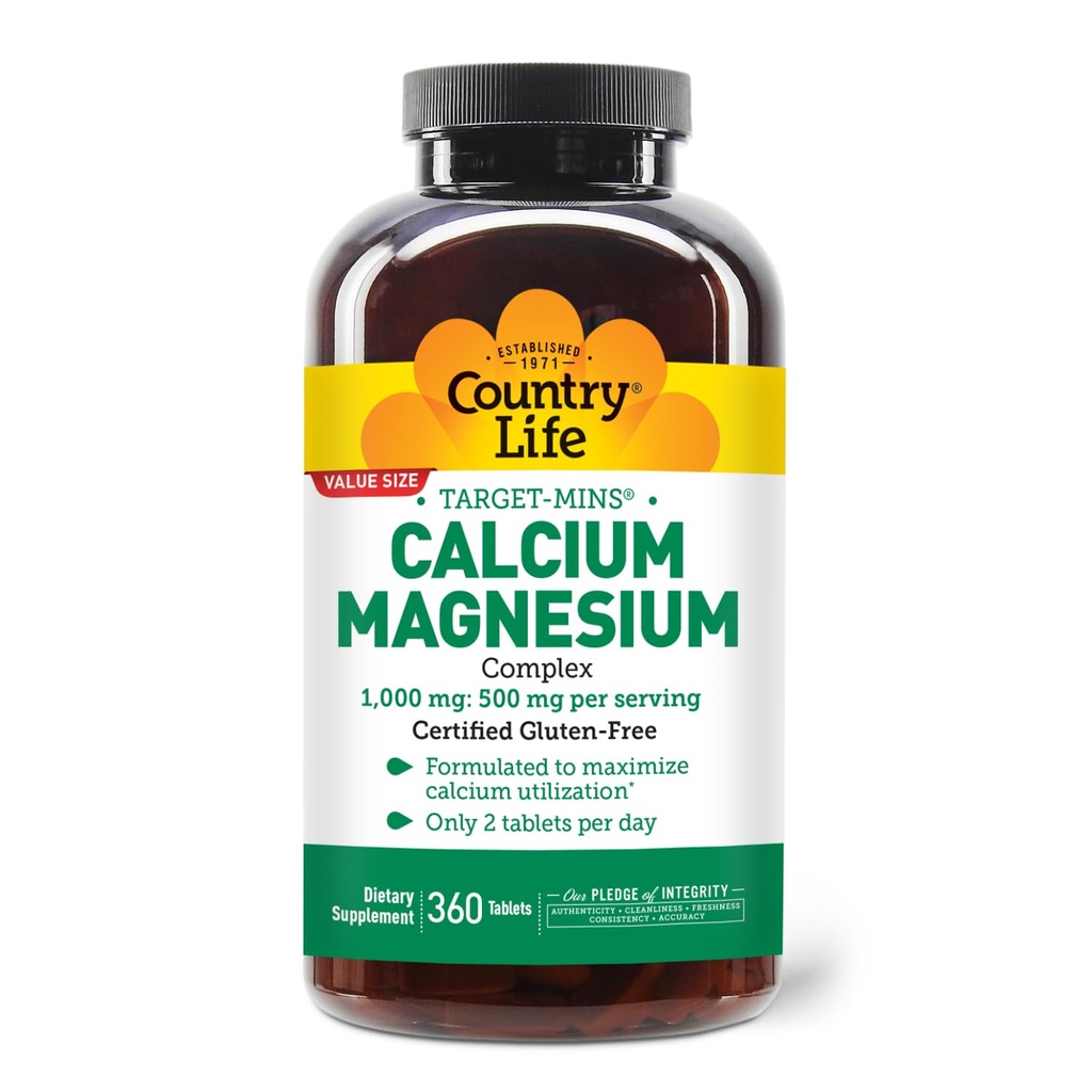 Country Life Target-Mins Calcium Magnesium Supplement för benhälsa, 1000mg Calcium, 500mg Magnesium, Gluten Free, 2:1 Ratio för optimal användning