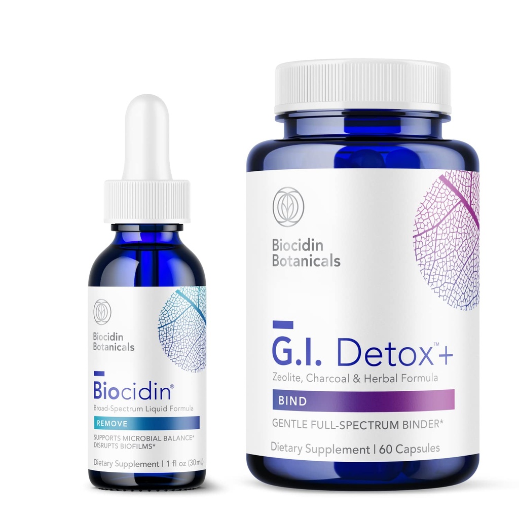 Bio-Botanical Research Biocidin Liquid Formula (1 oz) med GI Detox+ Gentle Binder - Two-Product Detoxification Bundle för att stödja rengöring och utmattning - Assister i Toxin & Biofilm Removal