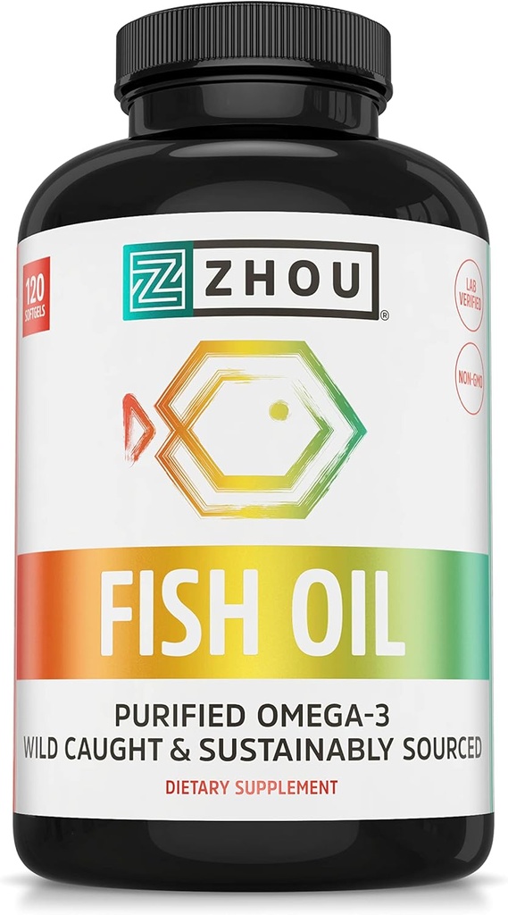 Zhou Fish Oil - Fish Oil Supplement för kvinnor och män, Omega 3 Fatty Acid, Natural Source of DHA & EPA för vuxna, Burpless, Pure, Heart & Joint Health - 120 Softgels