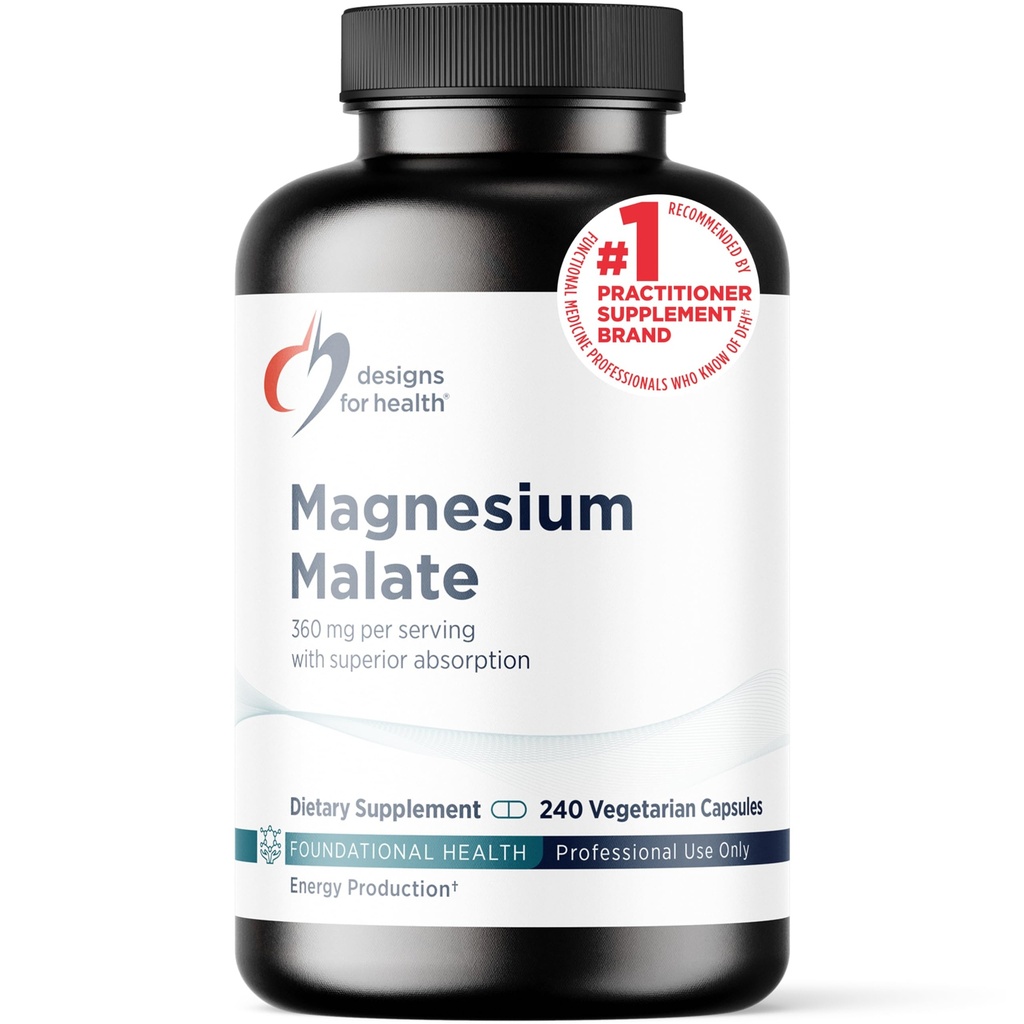 Designs for Health Magnesium Malate - Chelated Magnesium som Di Magnesium Malate - Mycket biotillgänglig form för att stödja energi, benhälsa + muskelåterställning (240 Magnesium Malate Capsules)