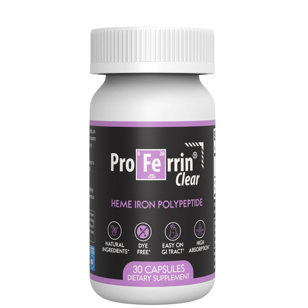 Proferrin Clear 30ct | US Made heme Iron för hög absorption, Easy on GI Tract | Naturlig, NSF Certified, färg gratis