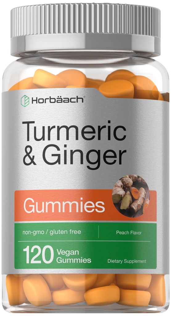 Horbäach gurkmeja och ingefära gummies | 120 greve | Peach smak | Vegan icke-GMO & Gluten fri tillägg