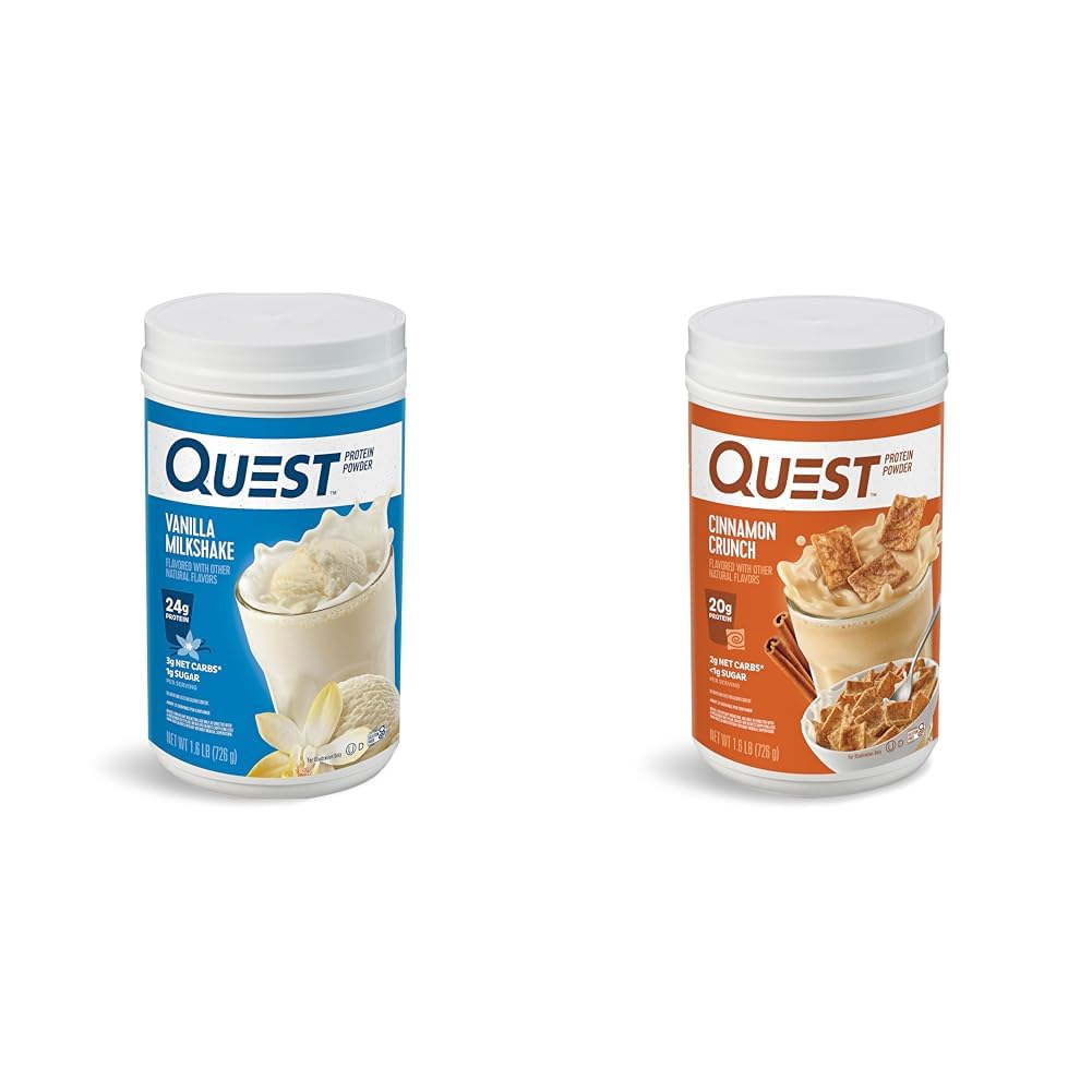 Quest Nutrition Vanilla Milkshake Protein Powder, 24g Protein, 1g socker, 1,6 pund, 23 portioner & Cinnamon Crunch Protein Powder, 20g Protein, 2g Net Carb, 1g Sugar, Low Carb