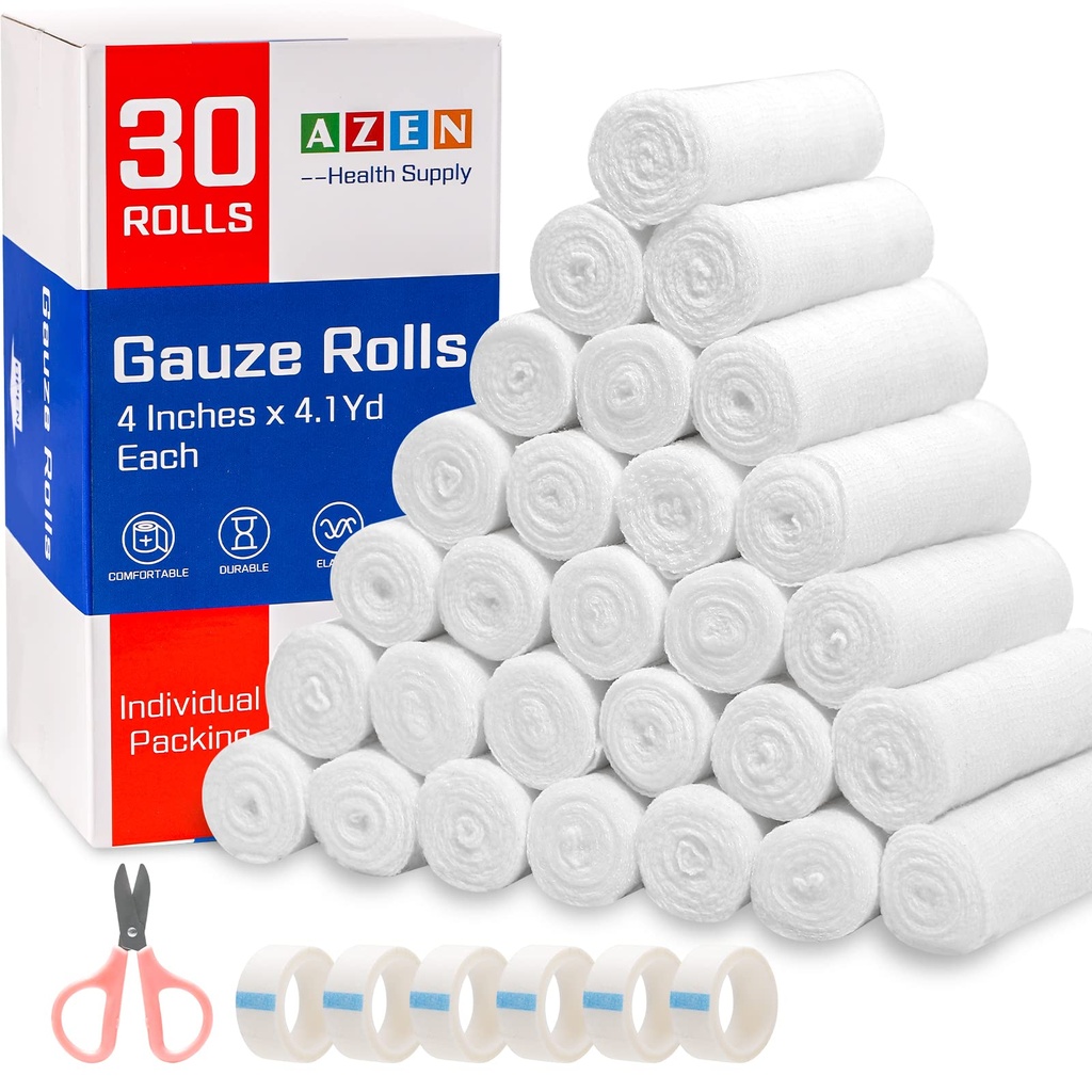 AZEN 30 Pack Gauze Rolls Bandages, 4 i x 4.1 Yards, Premium Medical Supplies & First Aid Supplies, Bandage Wrap Vet Wrap, Mummy Wraps