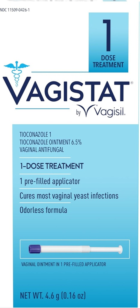 Vagisil Vagistat 1 Day Single-Dose Yeast Infection Treatment for Women, Antifungal Ointment hjälper till att lindra extern kläckning och irritation, 1 Pre-Filled No Touch Vaginal Applicator (Pack of 1)