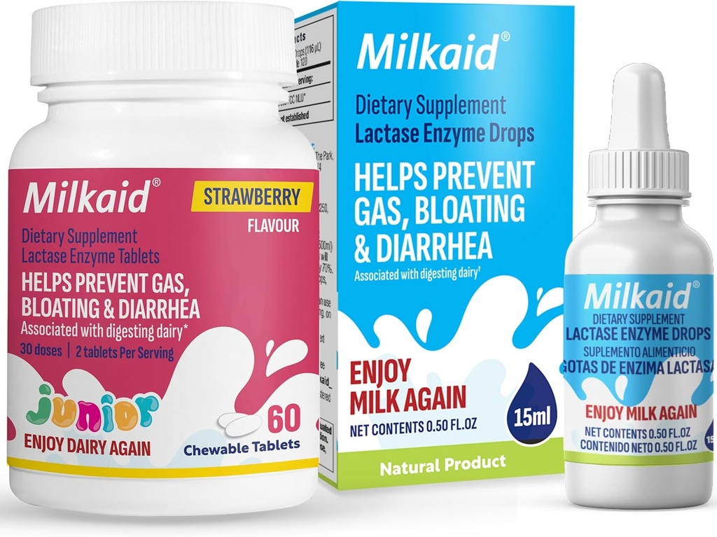 Milkaid Junior Lactase Enzyme Chewable Tablets Lactase Drops för Lactose Intolerance Relief | Förhindrar Gas, Bloating, Diarrhea hos barn | Fast Acting Dairy Digestive Supplement |
