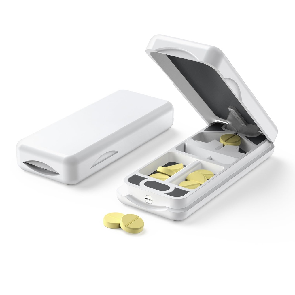 Pill Cutter med Auto Centering Device, Aluminium Pill Splitter med 316L Stainless Blade, Genuine Leather Case, Professional Pill Splitter för att skära små piller eller stora piller (Plast, Vit)