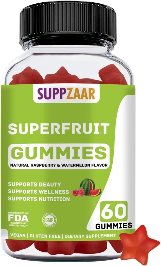 Vegan Superfruit Gummy Vitaminer. Superfrukt Gummies w / vitamin A C E Organic Silica. Superfrukt för Collagen Formation, Beauty & Glow. Plantbaserad, icke-GMO, Glutenfri, Gelatinfri. 60 CT