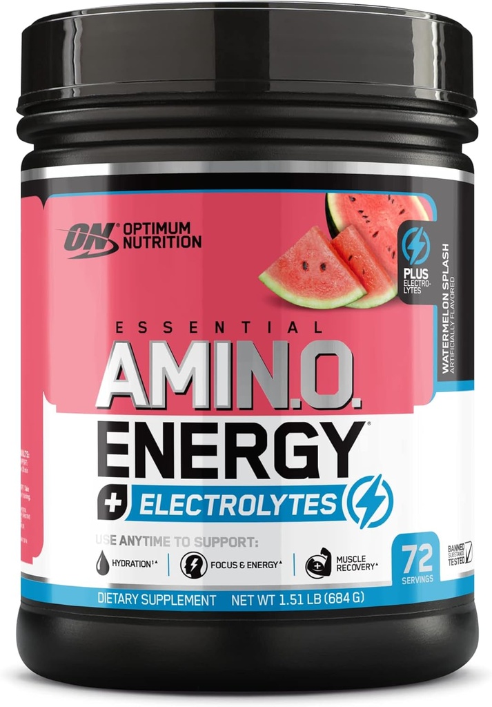 Optimum Nutrition Essential AMIN.O Energy & Electrolytes - Energy, Focus & Post-Workout Muscle Recovery - Watermelon Pre-Workout Electrolyte Powder Drink - Watermelon Splash, 1,51 lb (72 portioner)