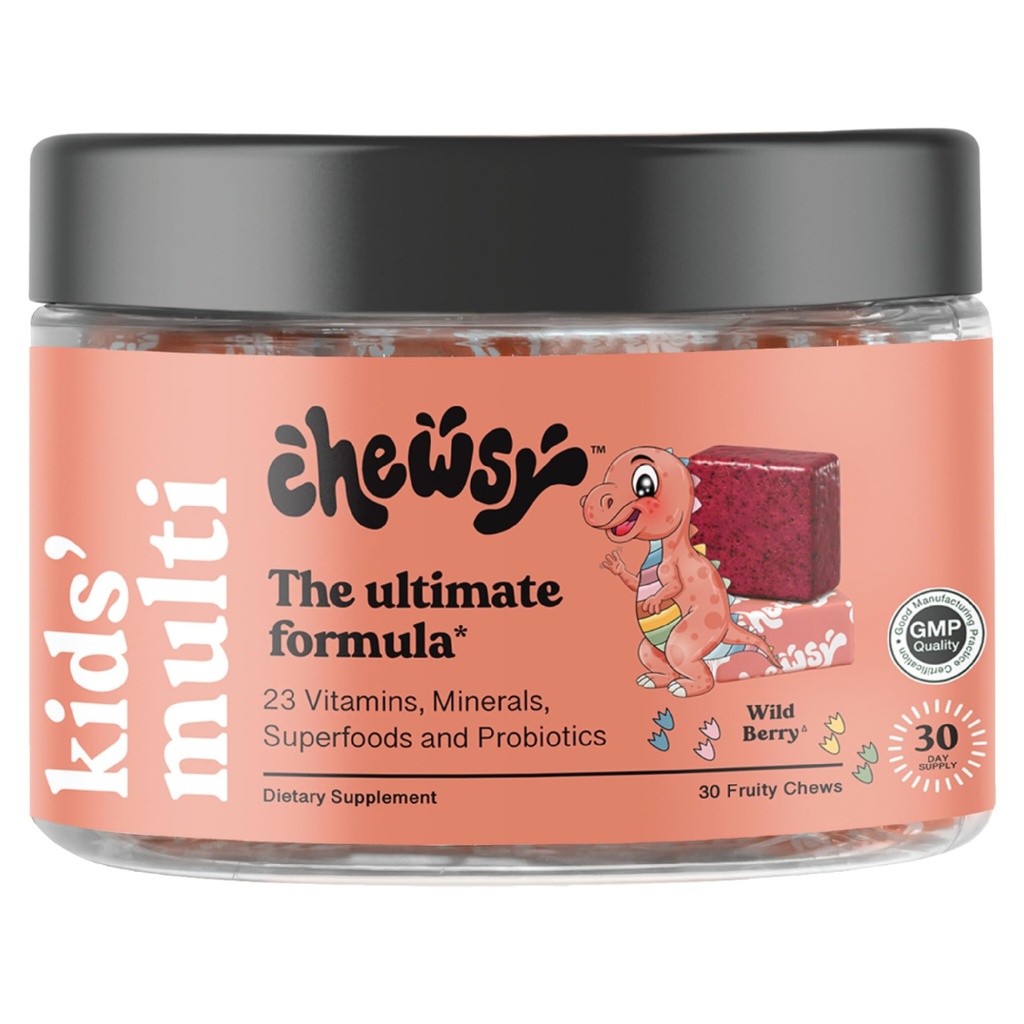 Chewsy Kids' Multivitamin, Utsökt Candy-Style Daily Vitamin Chews + Probiotics + Superfoods, Wild Berry Flavor Chewable Fruity Supplement Chews, Individuellt inslagen, lätt att njuta av 30-dagars leverans