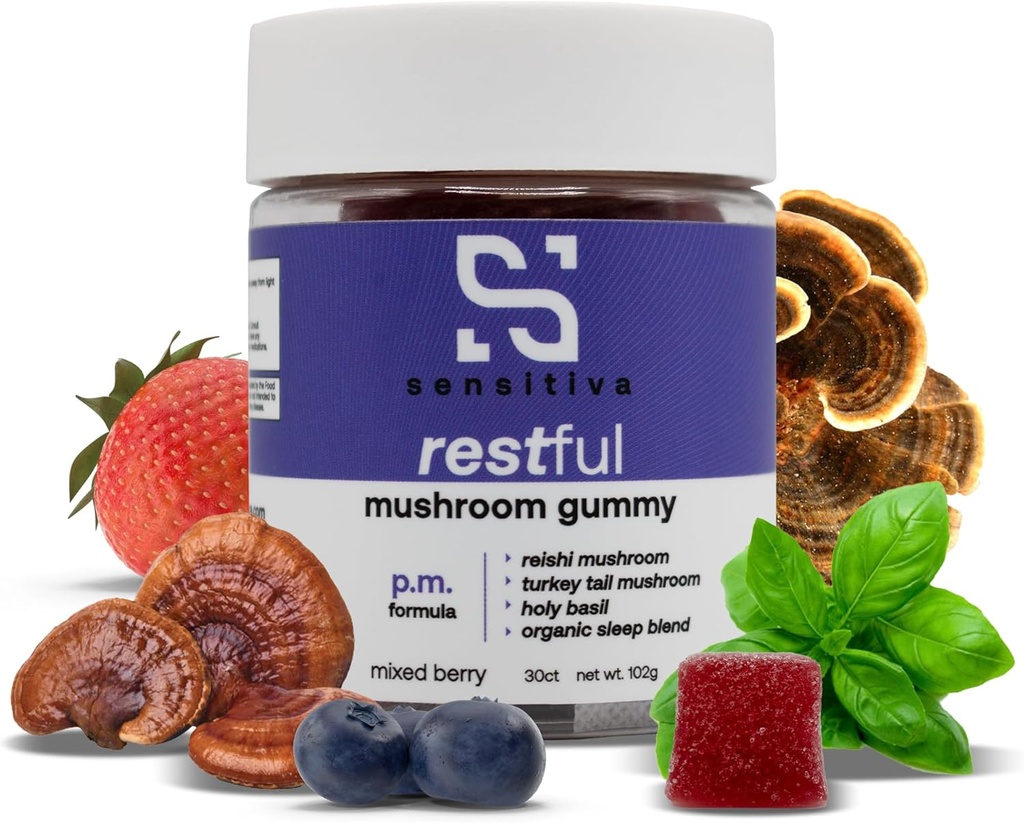 Sensitiva Restful Mushroom Gummies P.M. Formel - Reishi & Turkey Tail Mushroom Supplement Gummies, Mushroom Gummies för sömn, avkoppling och stressavlastning (Mixed Berry P.M. Formel)