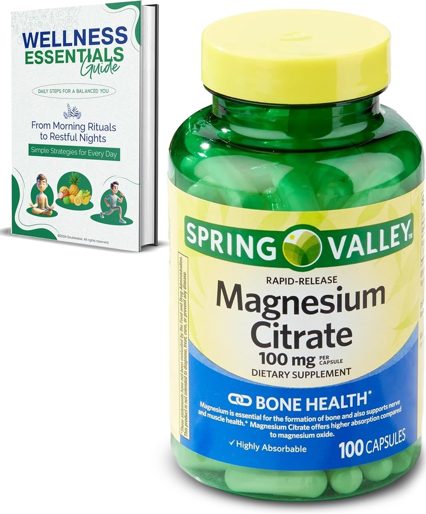 Magnesiumcitrat 100mg | Citrato de Magnesio, 100 kapslar | Mycket absorberbart | Snabb frisättning för ben, nerv, muskelhälsa | Tillskott för sömn, hjärta, magnesiumtillskott