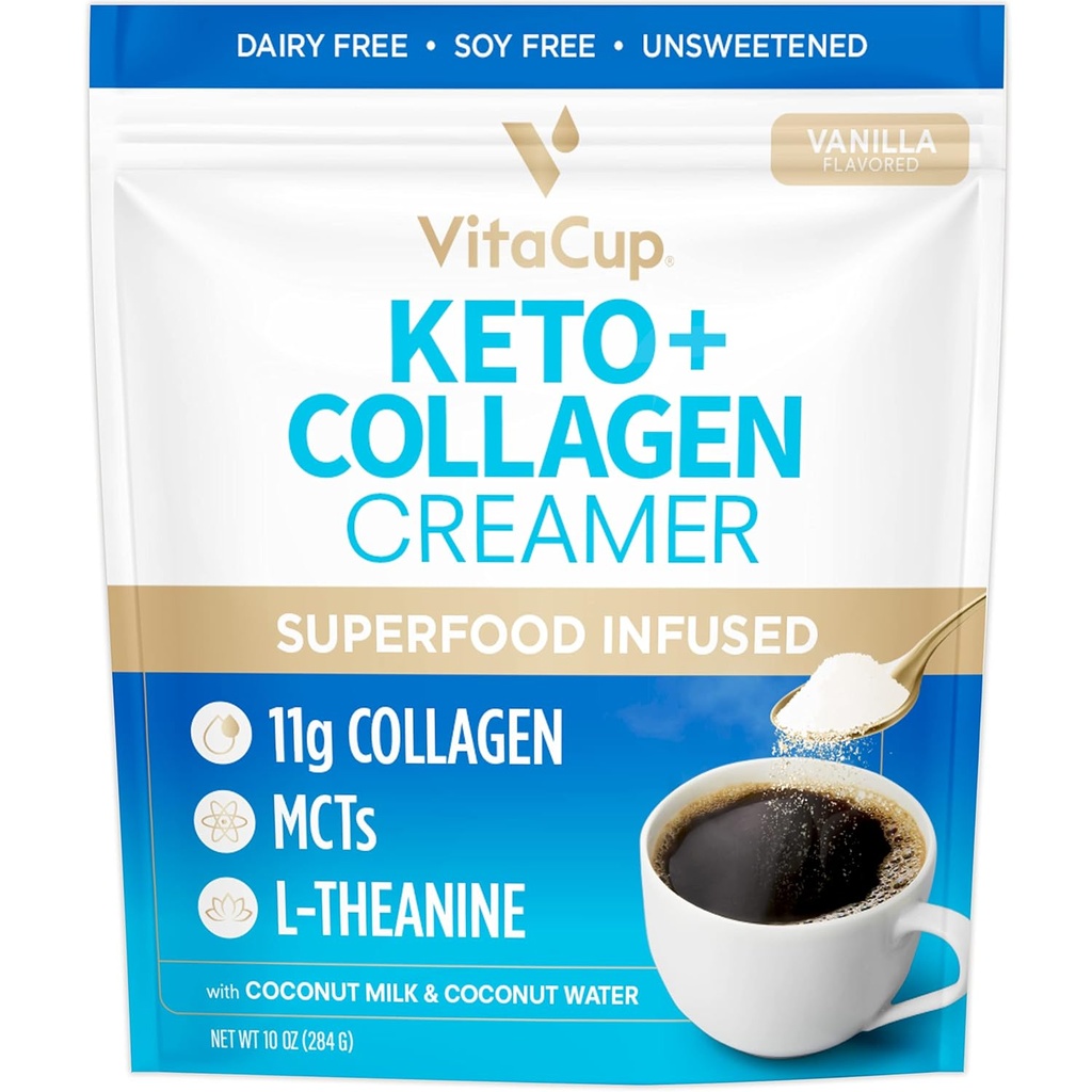 VitaCup Keto + Collagen Coffee Creamer Vanilla smak med MCT, Collagen Protein, Coconut Water, L-Theanine för Keto Diet, Använd i kaffe, Smoothies, & Shakes, Dairy-Free, Gluten-Free, Soy-Free, 10oz