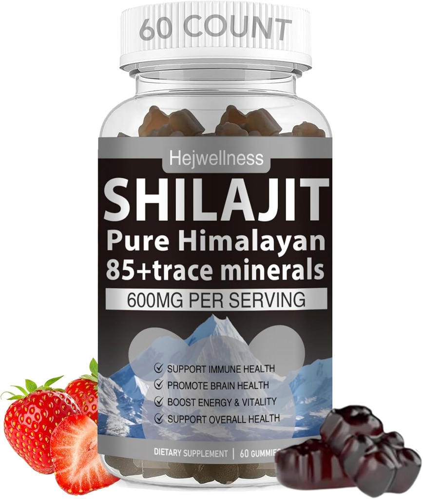 Shilajit Gummies - 600 mg naturlig organisk Shilajit harts med 85+ spårmineraler, fulvic syra och fytonäringsämnen - jordgubbsmak - för energi, immunstöd - 60 gummies, 1 månads leverans
