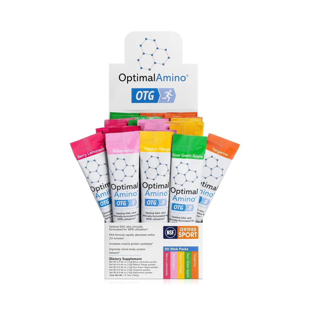 OptimalAmino OTG Stick Packs, 5 Flavor Variety Box (30 Count), 99% Utilized Essential Amino Acid (EAA) Supplement, Öka muskelåterställning, Vegan / Keto Pre / Post Workout, NSF Certified för Sport