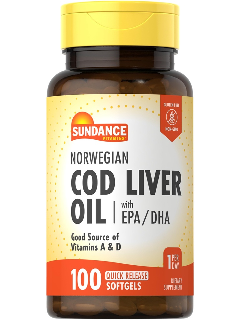 Sundance Norwegian Cod Liver Oil | 100 Softgels | med EPA och DHA | Bra källa av vitamin A & D | Icke-GMO och Gluten fri tillägg