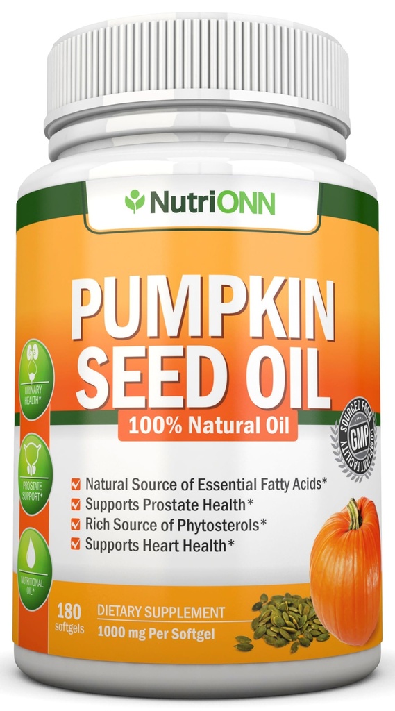 Pumpkin Seed Oil - 1000MG - 180 Softgels - Cold-Pressed Natural Pumpkin Seed Oil - Naturlig källa till viktiga fettsyror - Perfekt för hårväxt, prostata hälsa och GI Tract