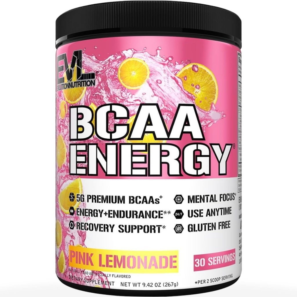 EVL BCAAs Amino Acids Powder - BCAA Energy Pre Workout Powder för muskelåtervinning Lean Growth and Endurance - Rehydrating Post Workout Recovery Drink med naturligt koffein - Rosa Lemonade