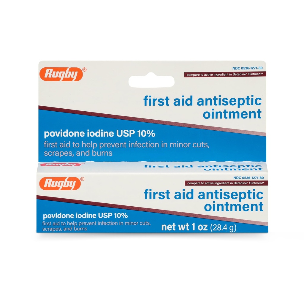 Rugby First Aid Antiseptic Ointment, Povidone Iodine USP 10% Topical Solution, hjälper till att förebygga infektion i mindre skär, skrapor och burner - 1 Oz.