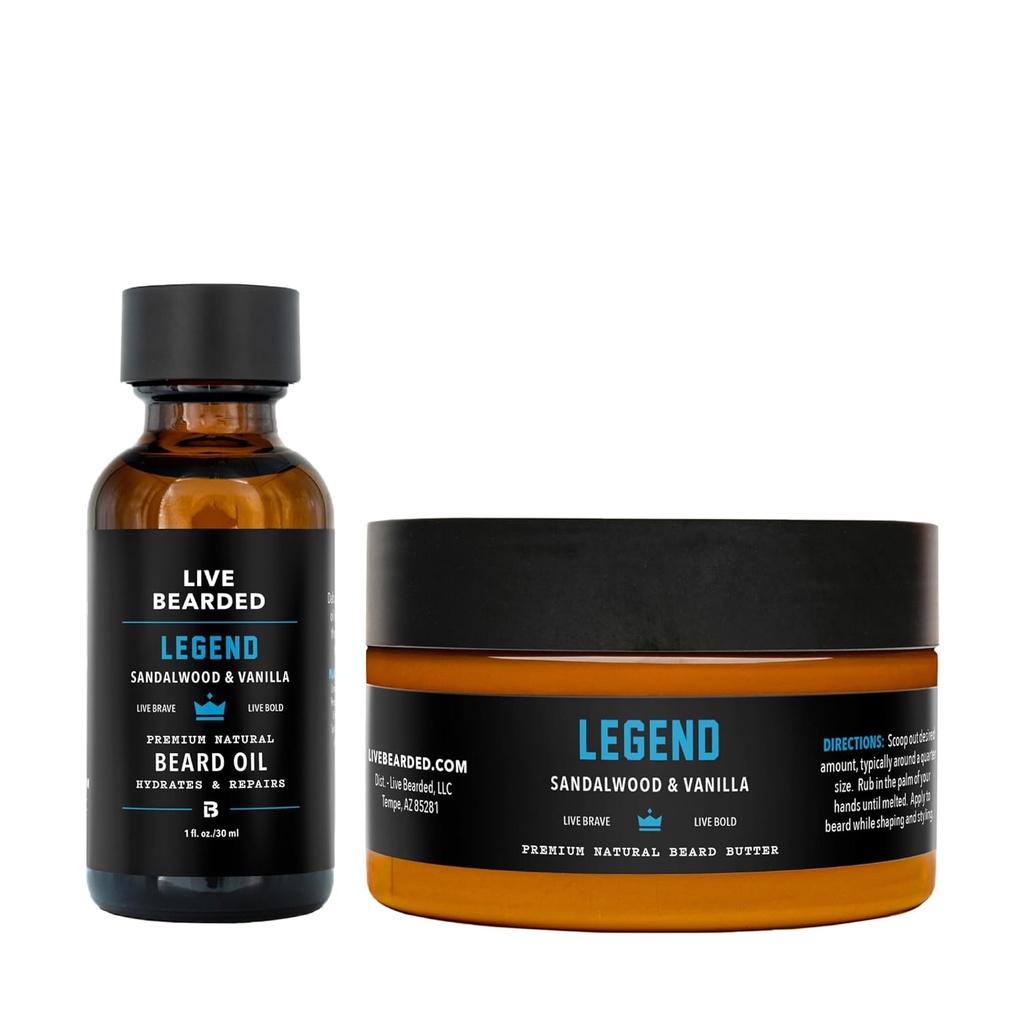 Live Bearded Bearded Oil och Butter Grooming Kit - Tillverkad i USA - All-Natural Ingredients med Shea, Argan, Jojoba - Tillväxtstöd | Legend Scent - Sandalwood, Vanilla