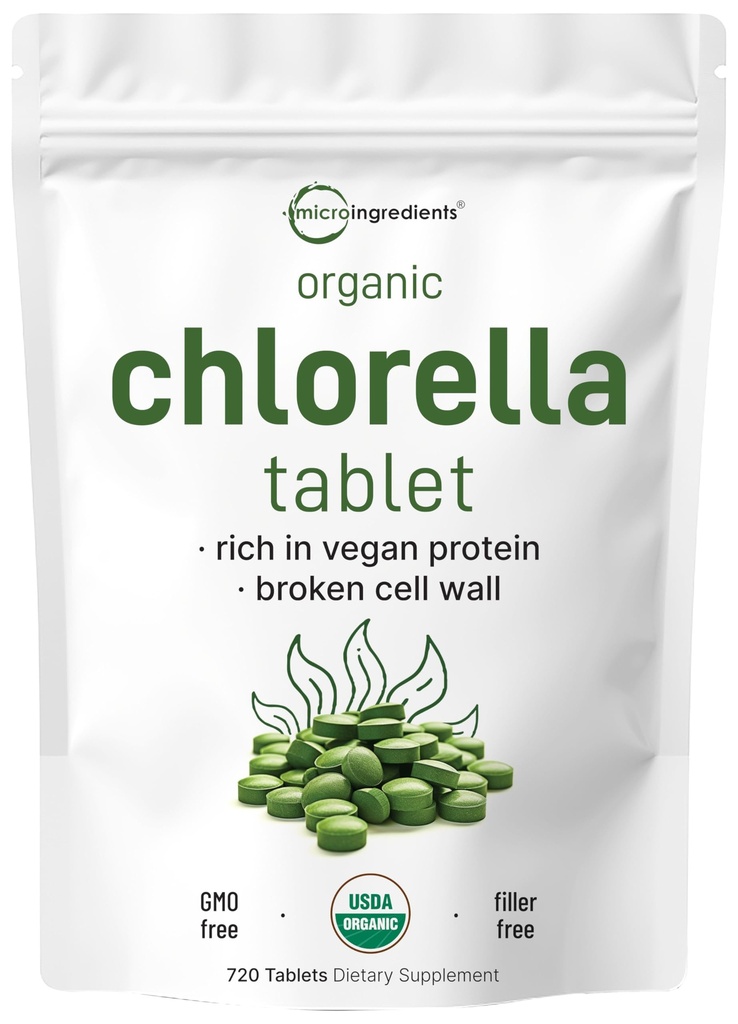Organiska Chlorella tabletter, 500mg per tablett, 720 flikar (360 gram), 4 månaders leverans, bruten cellvägg, rik i Vegan protein och vitaminer, ingen filler, inga tillsatser och icke-GMO | Pure Green Algae Superfood