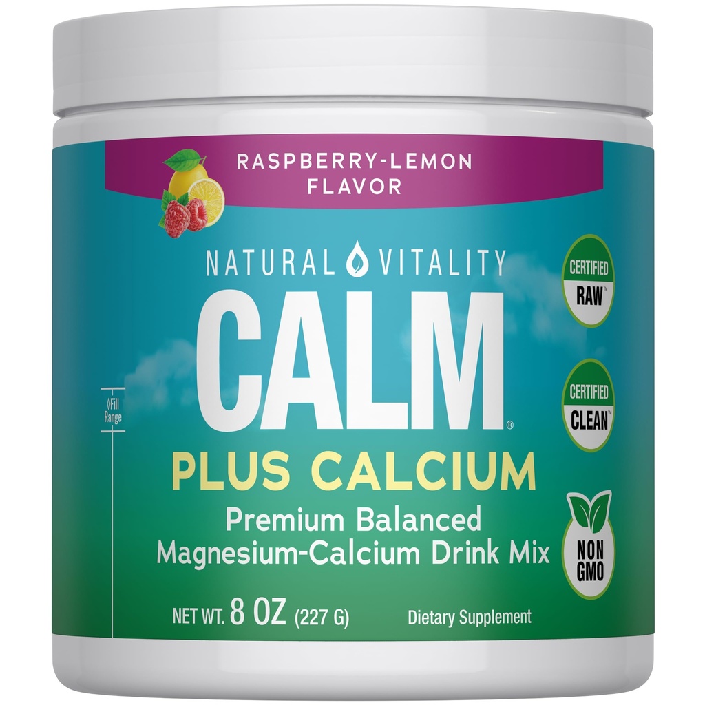 Natural Vitality CALM Magnesium Supplement Drink Mix Plus Calcium, Anti-Stress Drink Mix Powder, Med Calcium, Vegetarian & Non-GMO, Raspberry Lemon, 8 oz