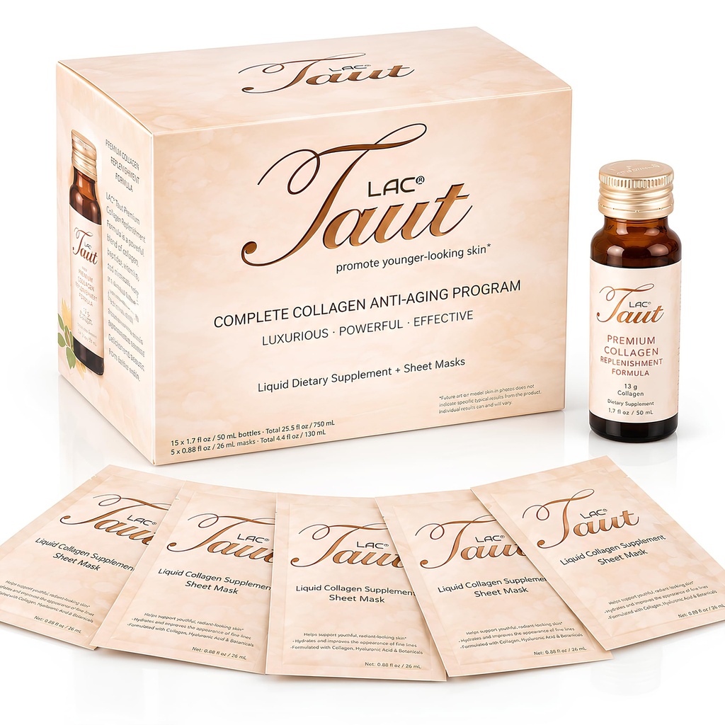 TAUT Marine Collagen Drink & Face Mask - 13.000mg Hydrolyzed Collagen Protein med Hyaluronsyra för ungdomlig, Radiant Skin - Inkluderar 15 flaskor och 5 masker (30-dagars leverans)