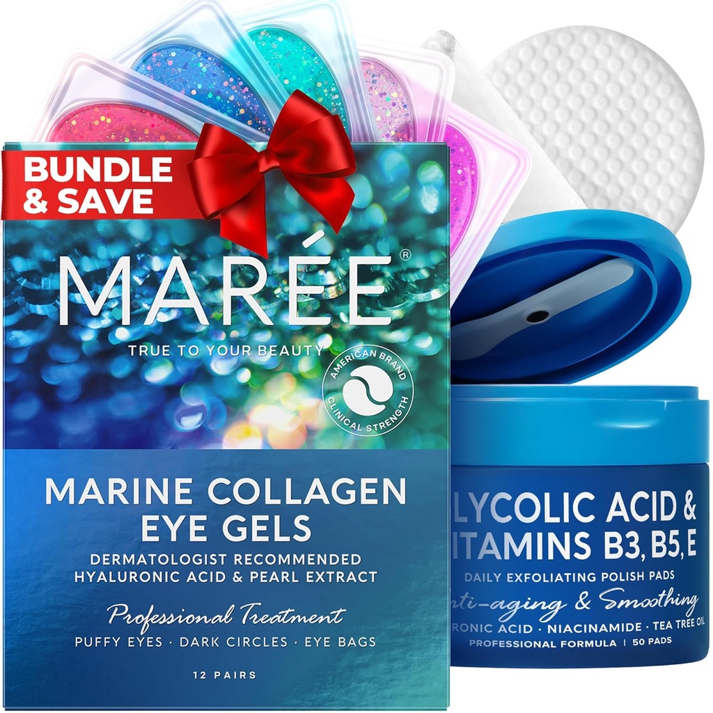 MAREE Skincare Bundle - Eye Gels, Facial Polish - Under Eye Gels för Puffy Eyes & Dark Circles - Glycolic Acid Peel Pads - Marine Collagen & Hyaluronic Acid - Salicyl Acid & Vitamins E, B3, B5