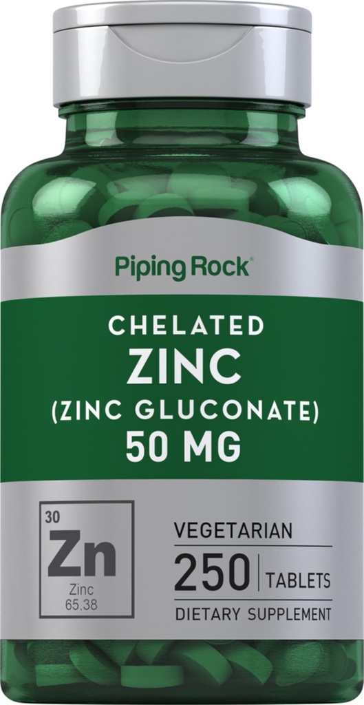 Piping Rock Chelated Zink 50mg | 250 tabletter | Gluconate | Vegetarisk, icke-GMO, Gluten fri tillägg